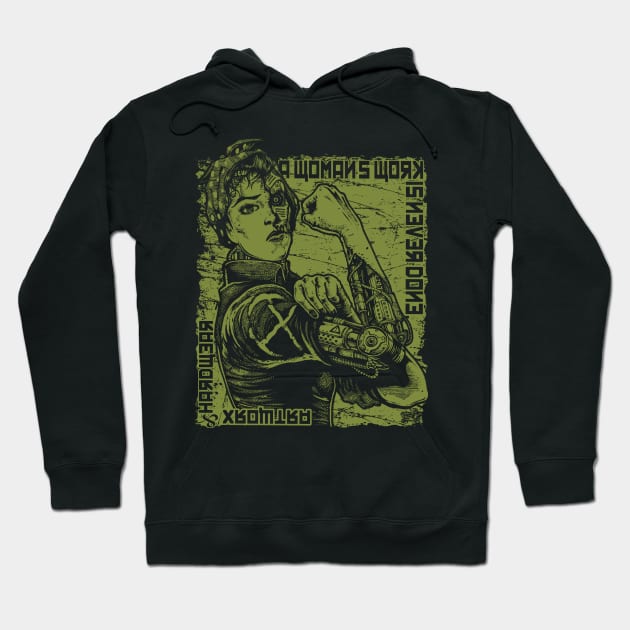 "A WOMANS WORK" (OLIVE) Hoodie by joeyjamesartworx